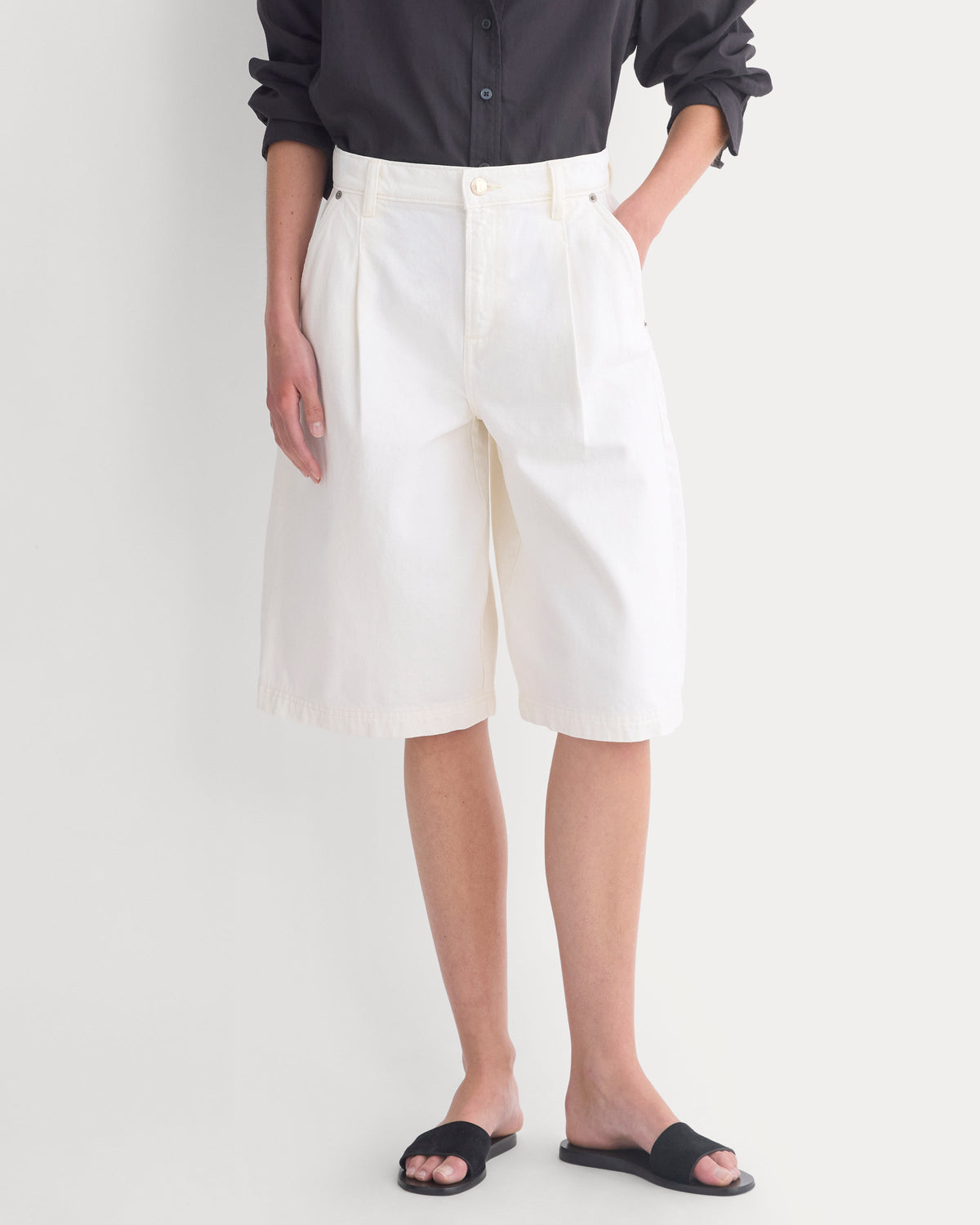 High-Rise Pleated Culotte in Bone/Cream — detail view