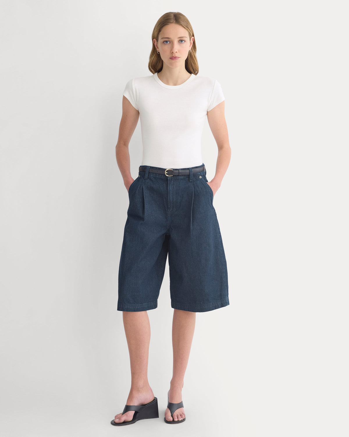 High-Rise Pleated Culotte in Dark Rinse — front view