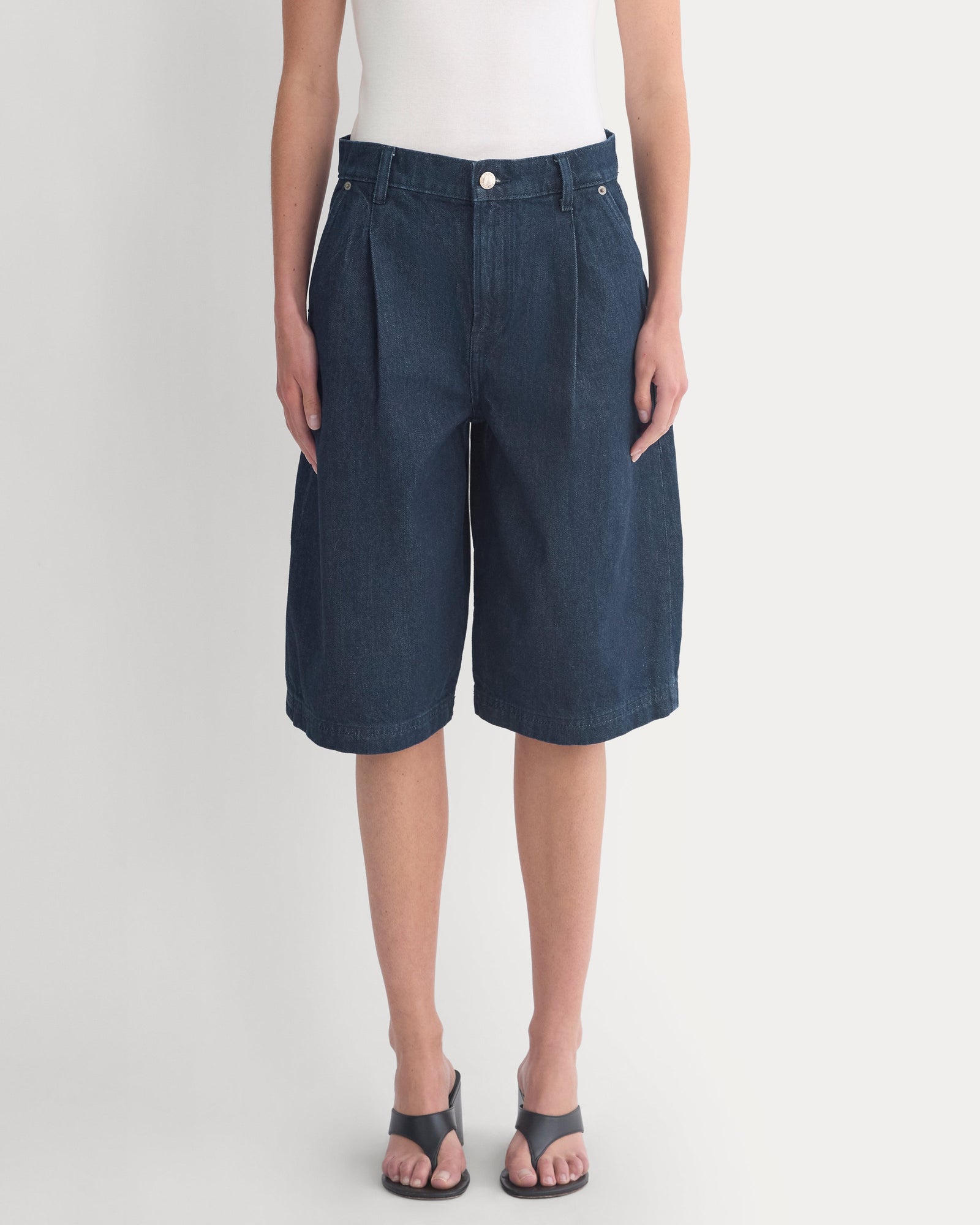 High-Rise Pleated Culotte in Dark Rinse — detail view
