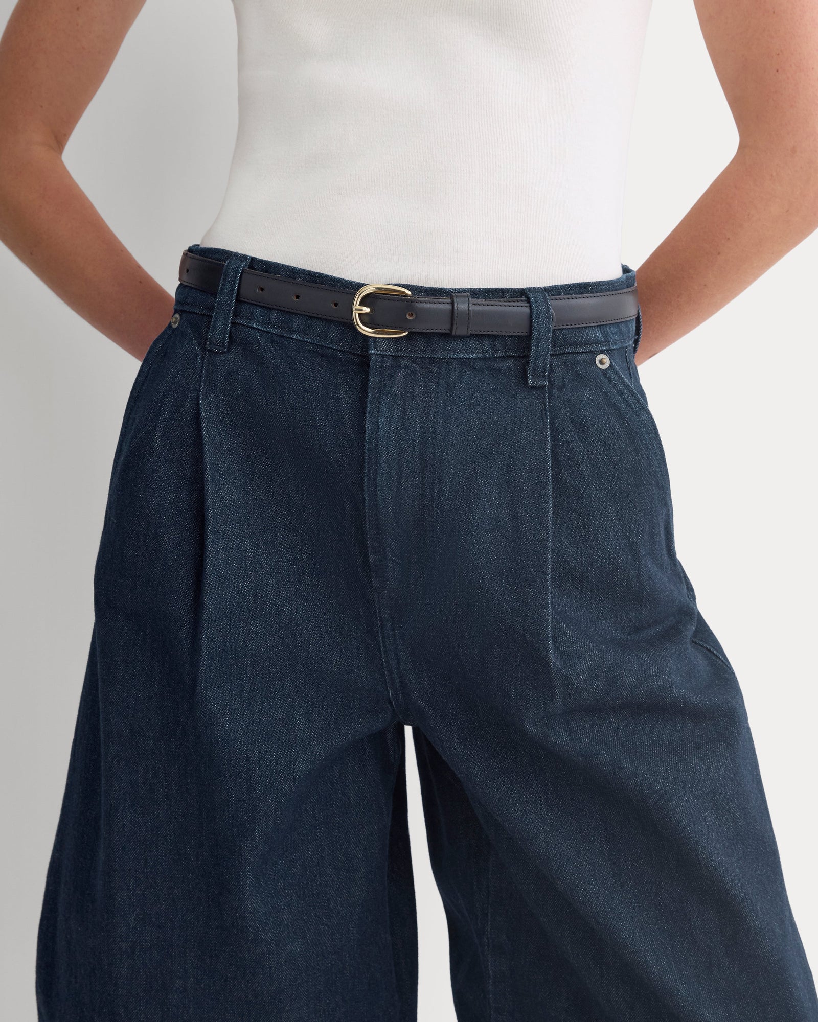 High-Rise Pleated Culotte in Dark Rinse — detail view
