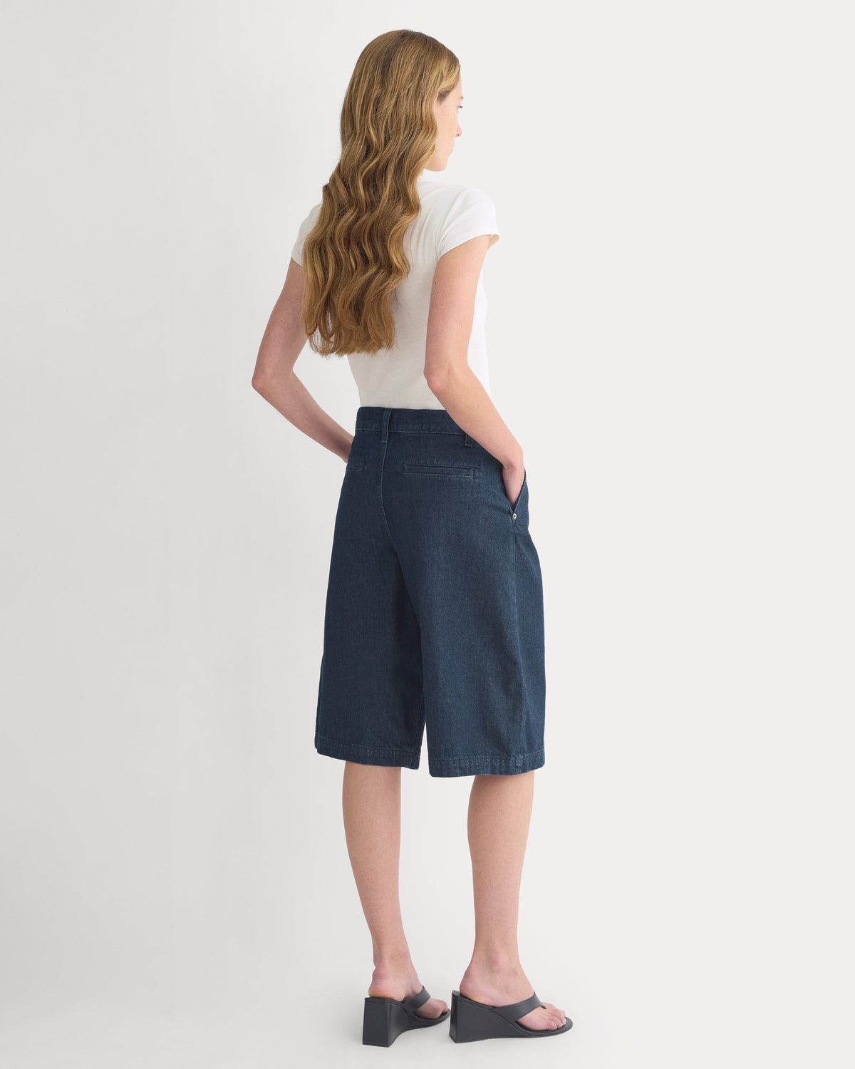 High-Rise Pleated Culotte in Dark Rinse — detail view