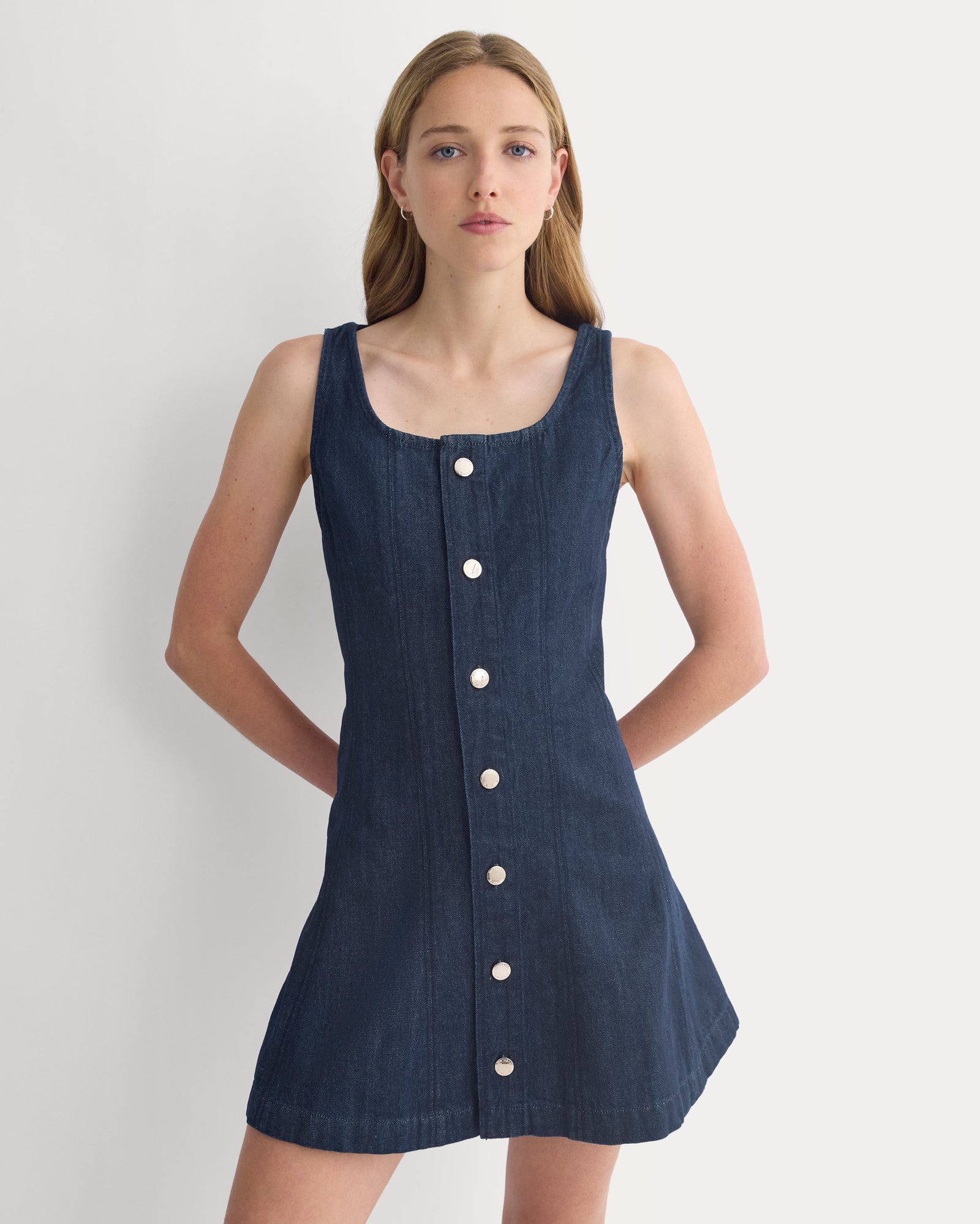 Denim Button-Front Mini Dress in Tungsten Rinse — detail view