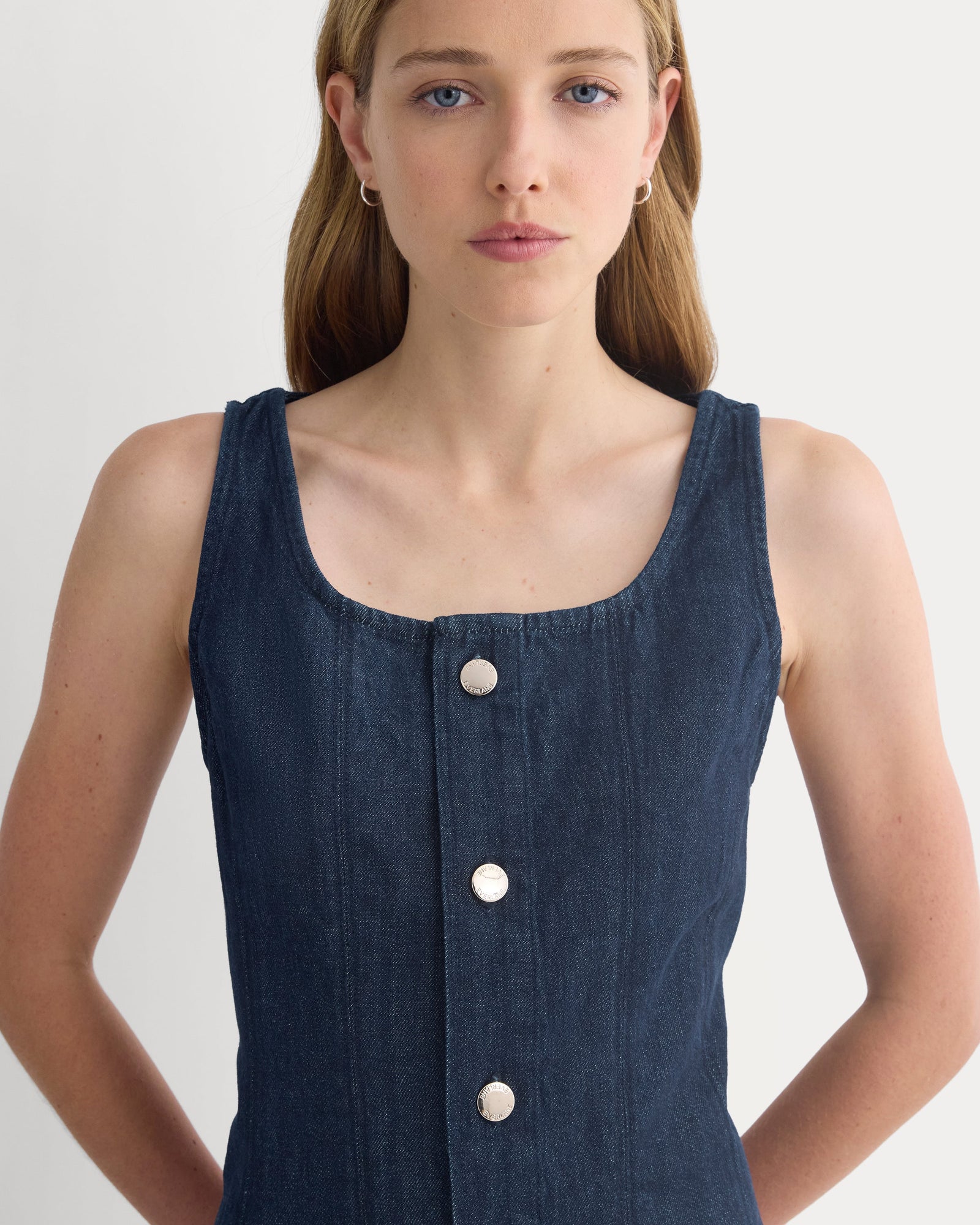 Denim Button-Front Mini Dress in Dark Indigo — detail view
