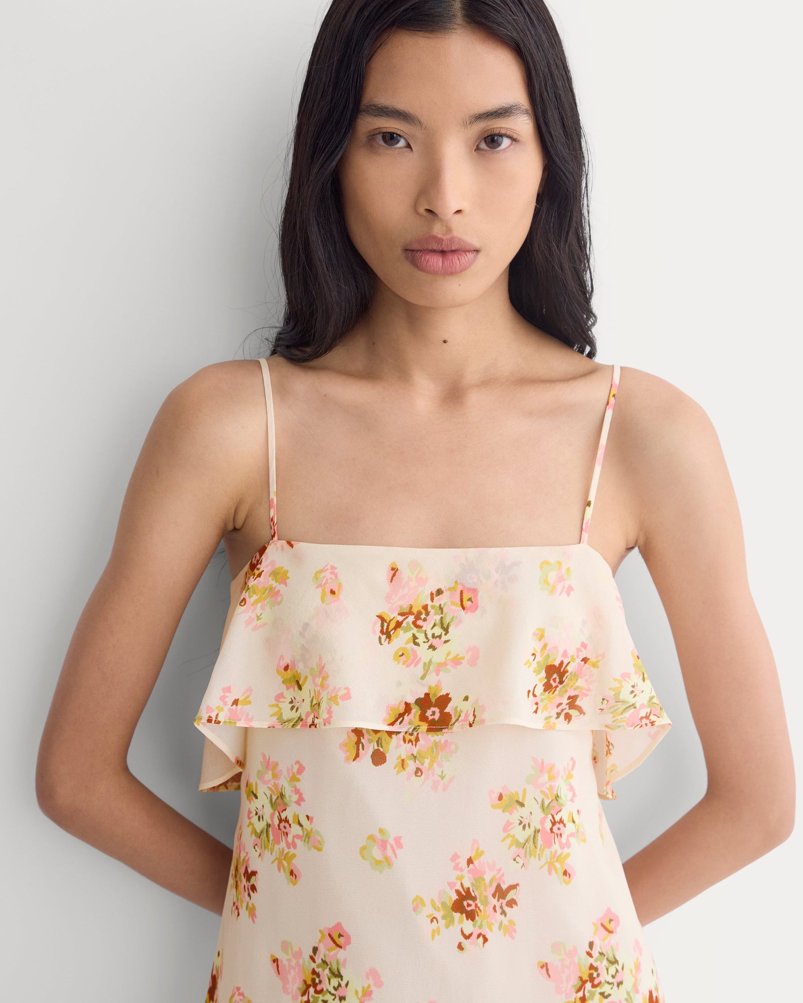 Scarf-Tie Mini Dress in Silk Georgette in Vintage Floral — detail view