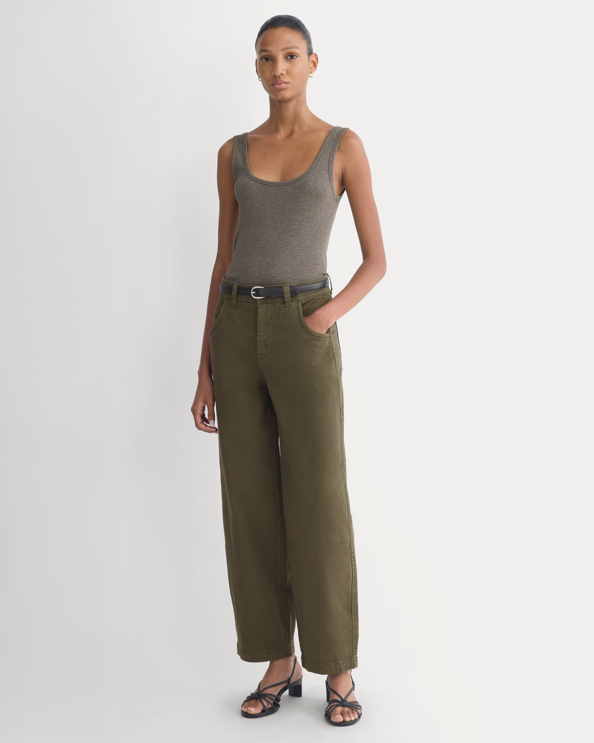 Utility Twill Barrel Pant in Olive Night — front view