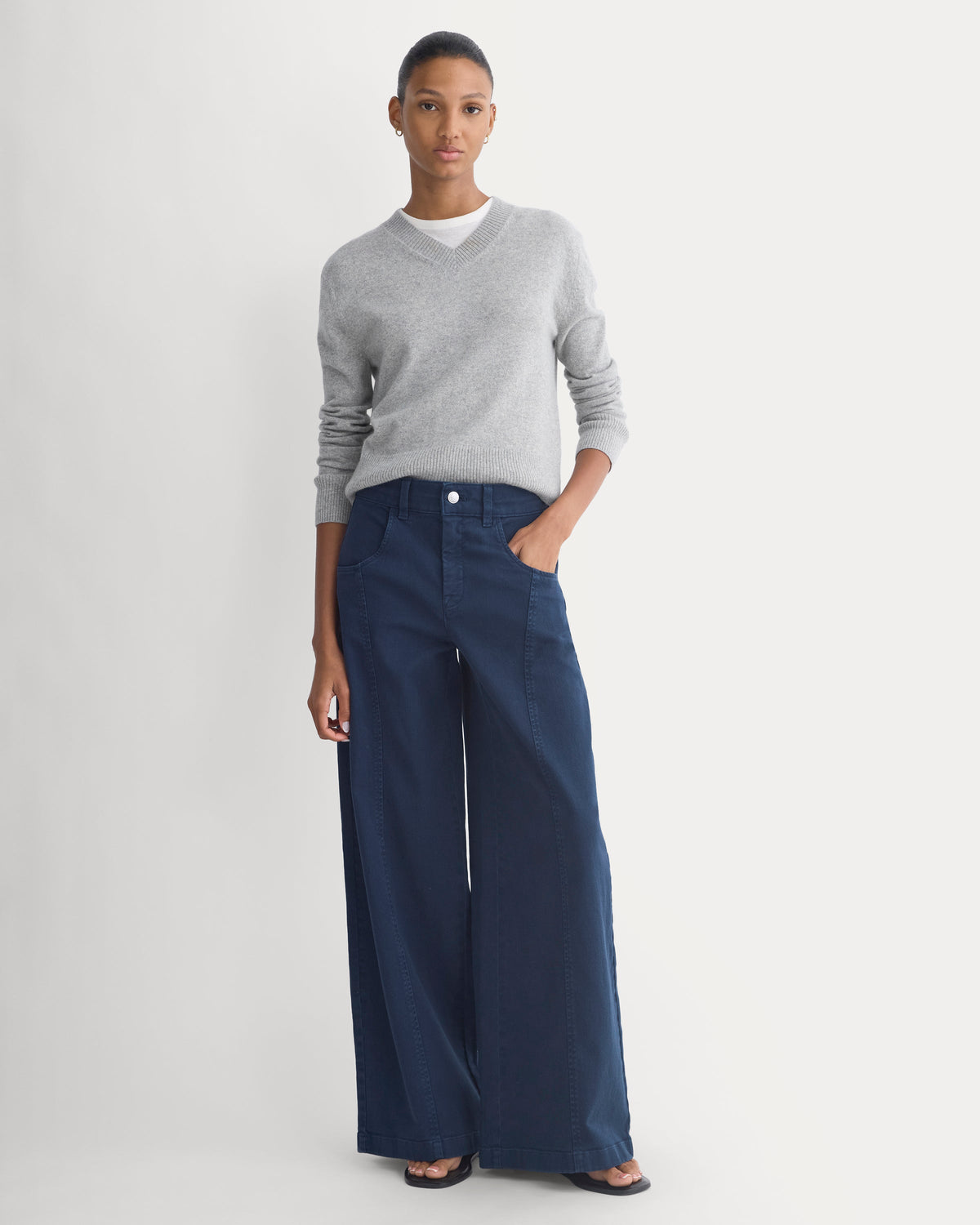 Utility Seamed Wide-Leg Pant in Navy — front view