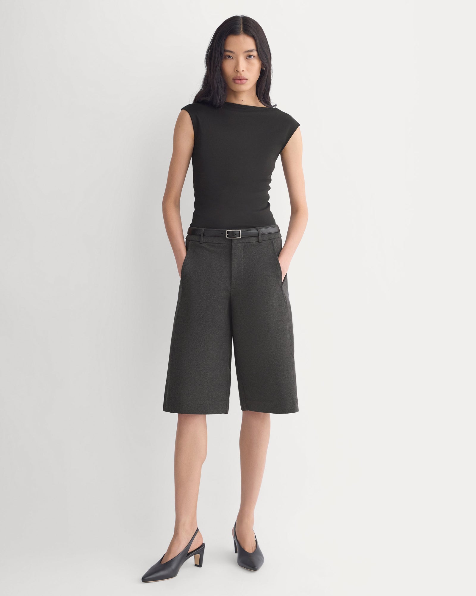 Ponte Bermuda Shorts in Heathered Soot — front view