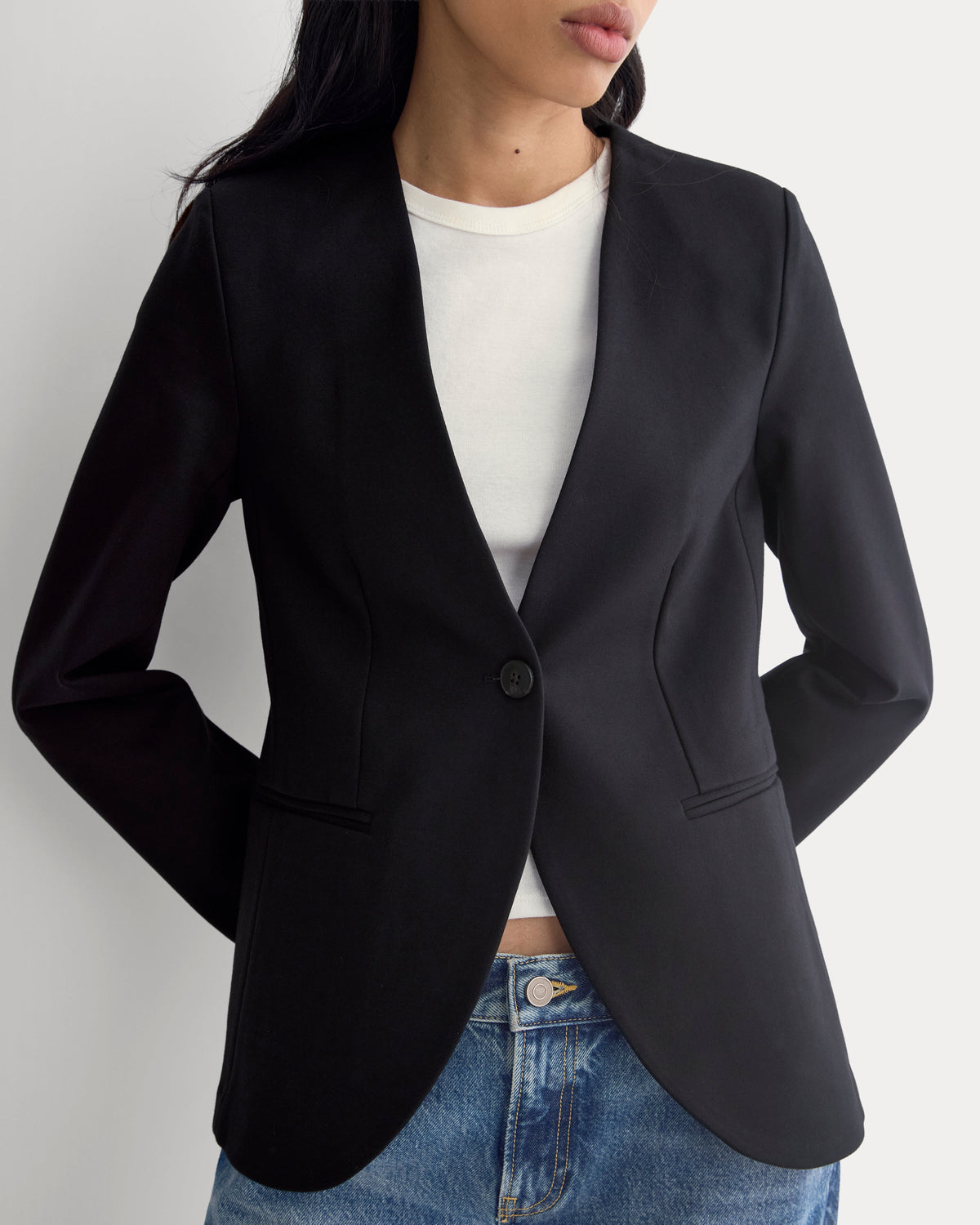 Collarless Ponte Blazer in Black — detail view