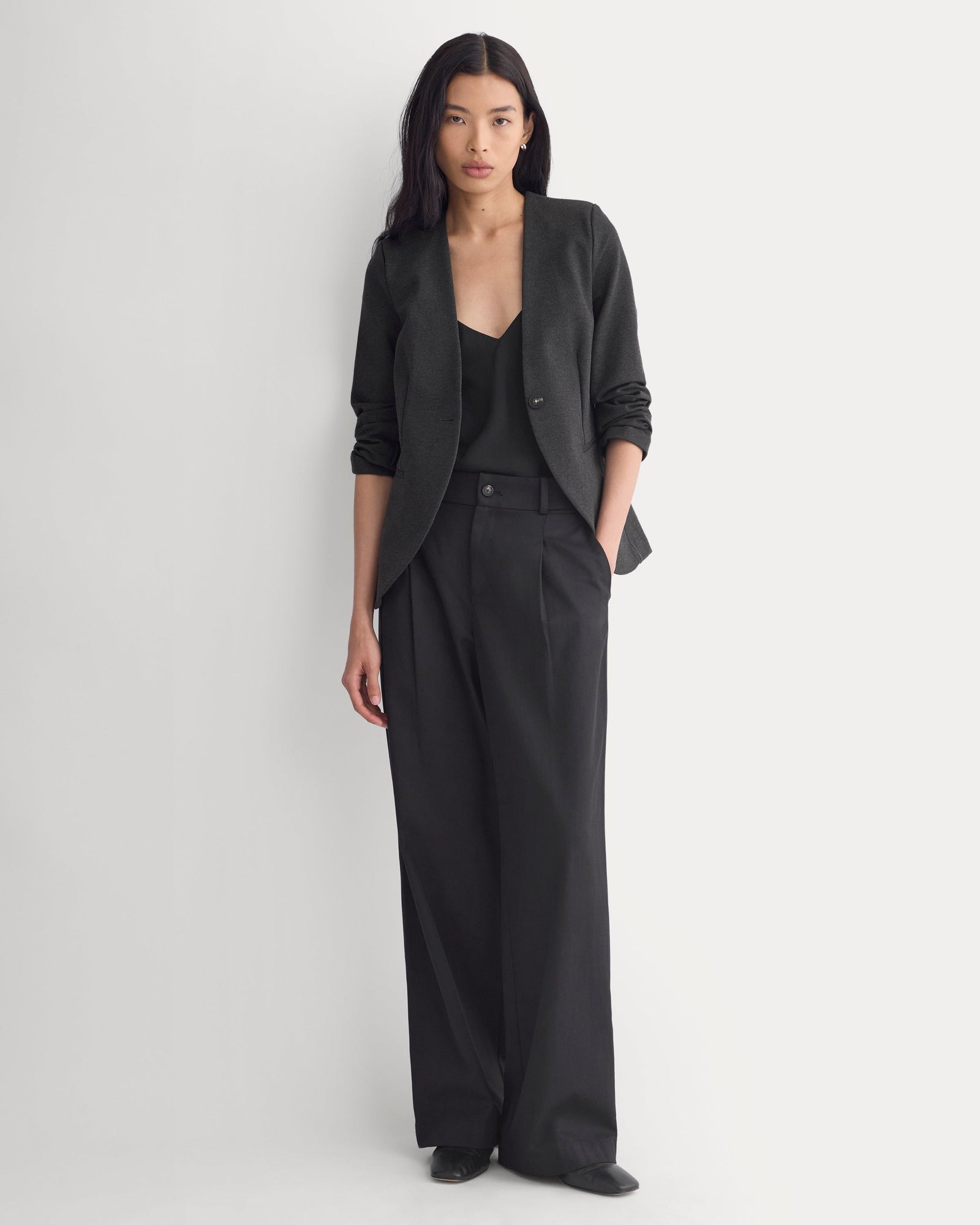 Collarless Ponte Blazer in Heathered Soot — detail view