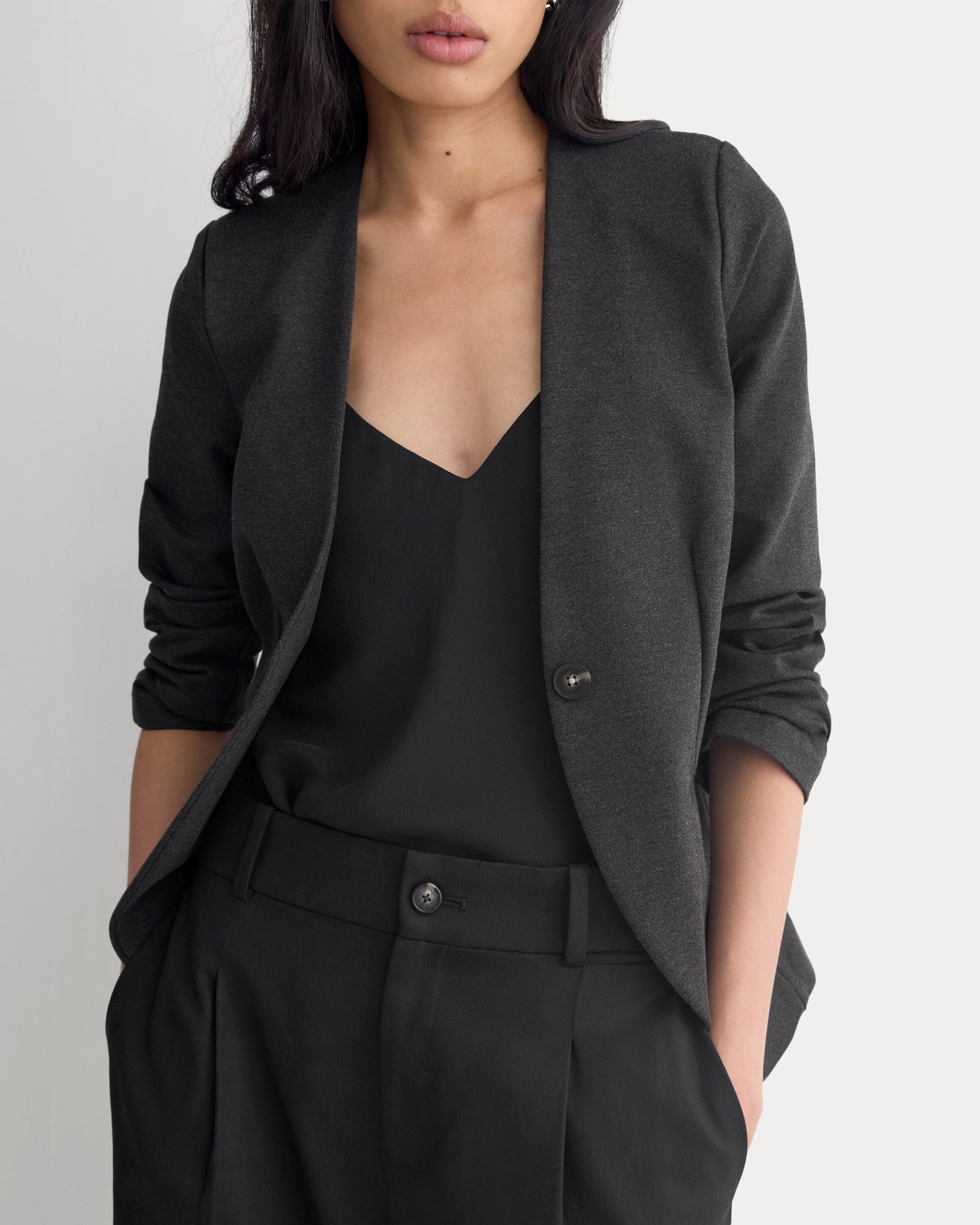 Collarless Ponte Blazer in Heathered Soot — detail view