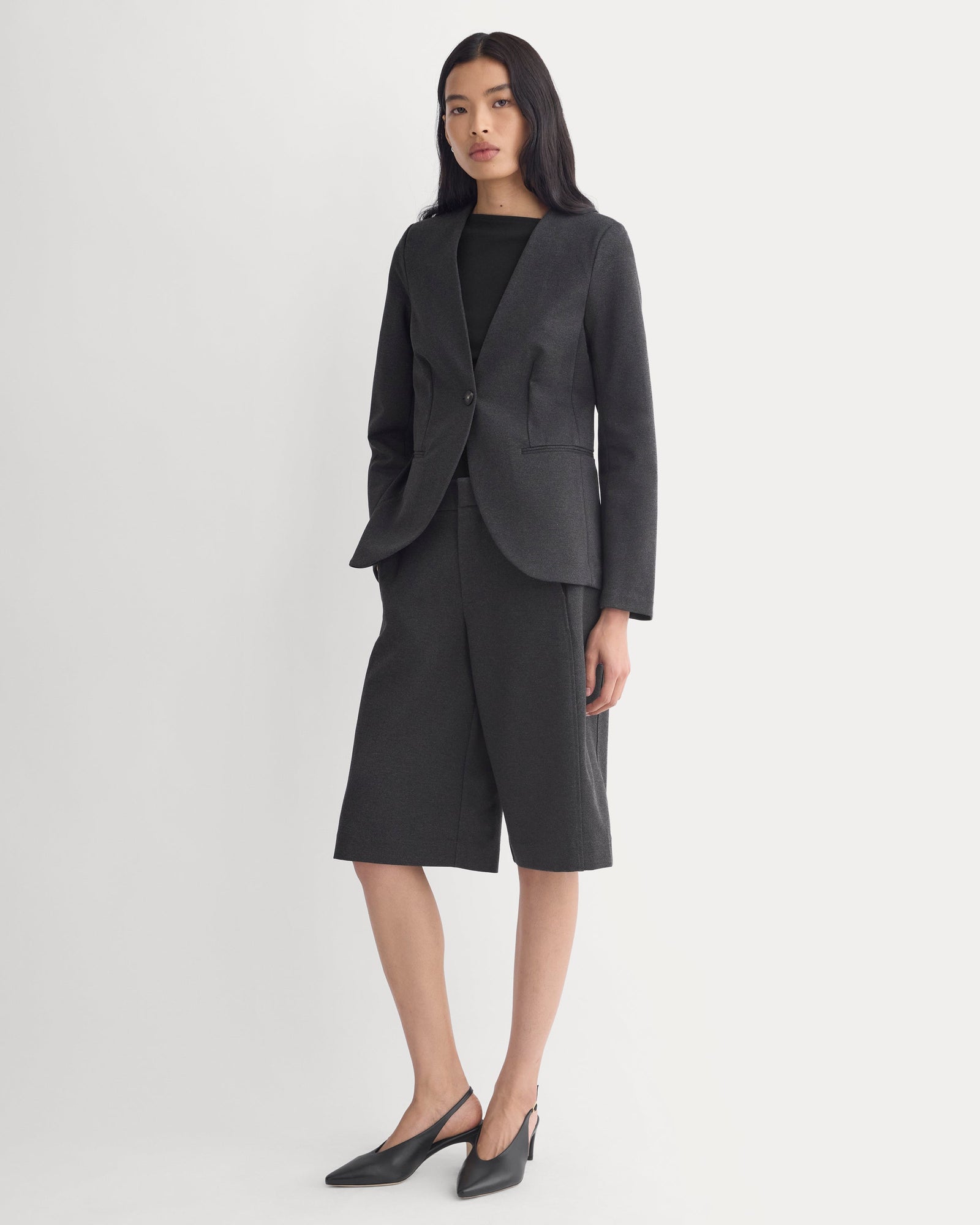 Collarless Ponte Blazer in Heathered Soot — detail view