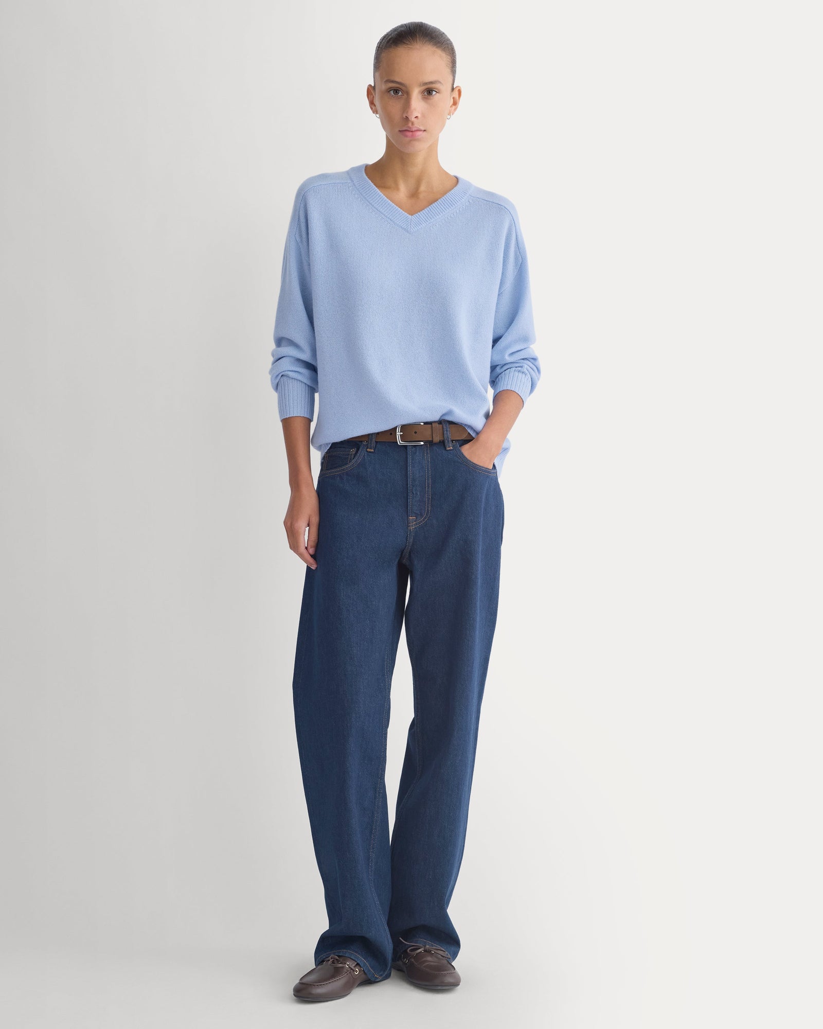 Cashmere High V Boyfriend Sweater in Blue — detail view