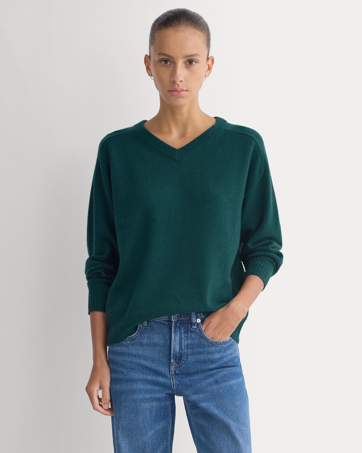 Cashmere High V Boyfriend Sweater in Ponderosa Pine — front view