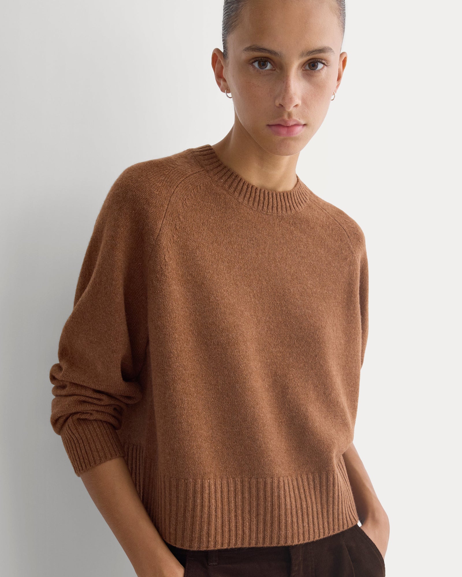 The Boxy Crew in Cashmere in Brown — front view