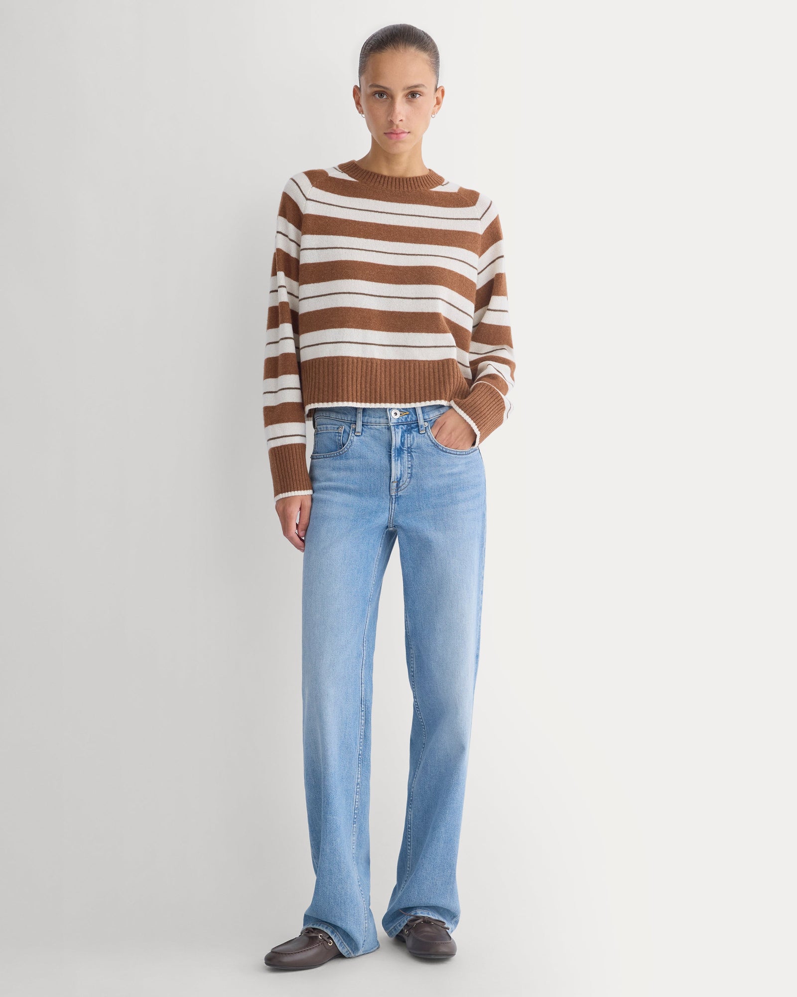 The Boxy Crew in Cashmere in Heather Amber Brown — alternate view