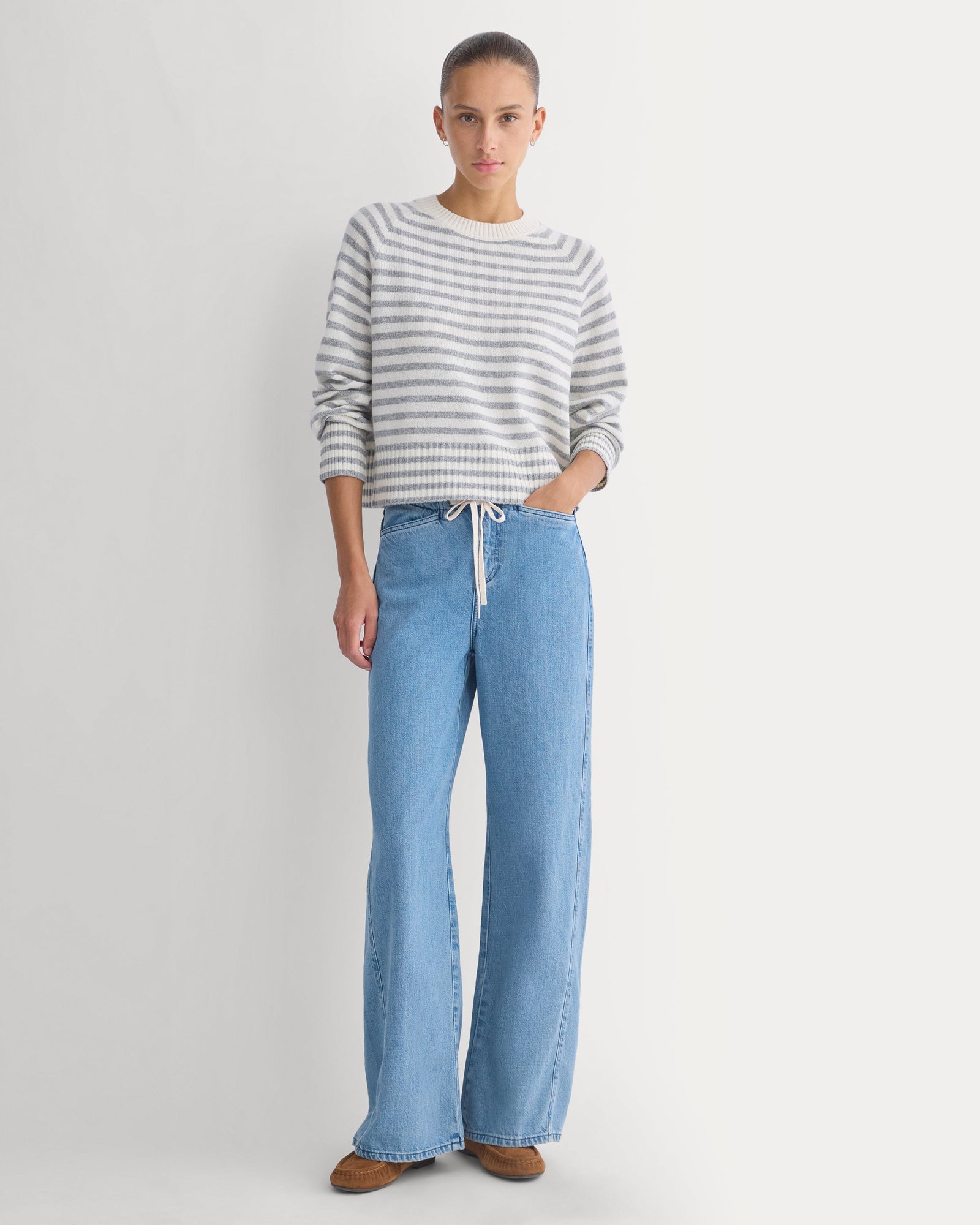 The Boxy Crew in Cashmere in Grey Stripe — alternate view