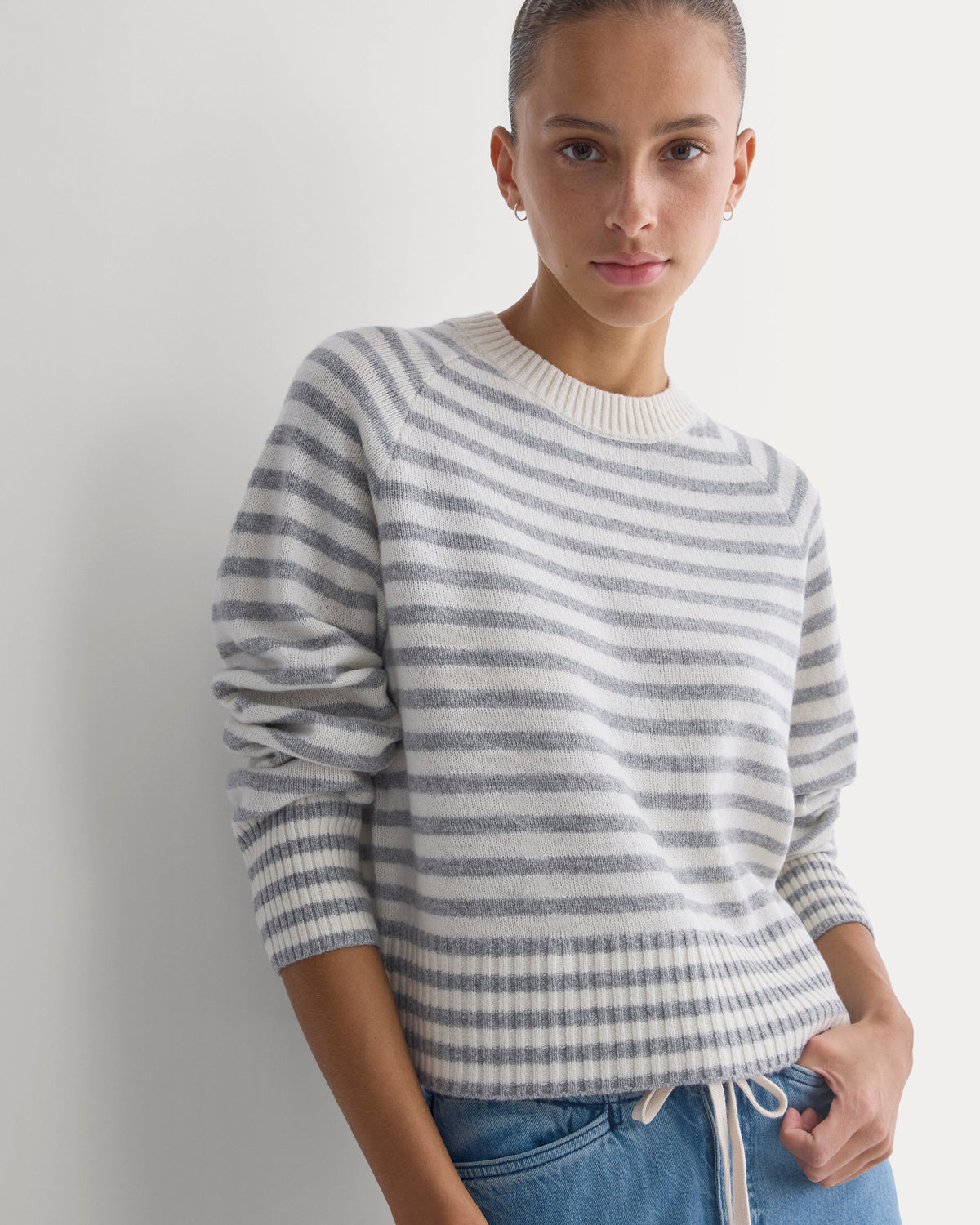 The Boxy Crew in Cashmere in Grey Stripe — front view