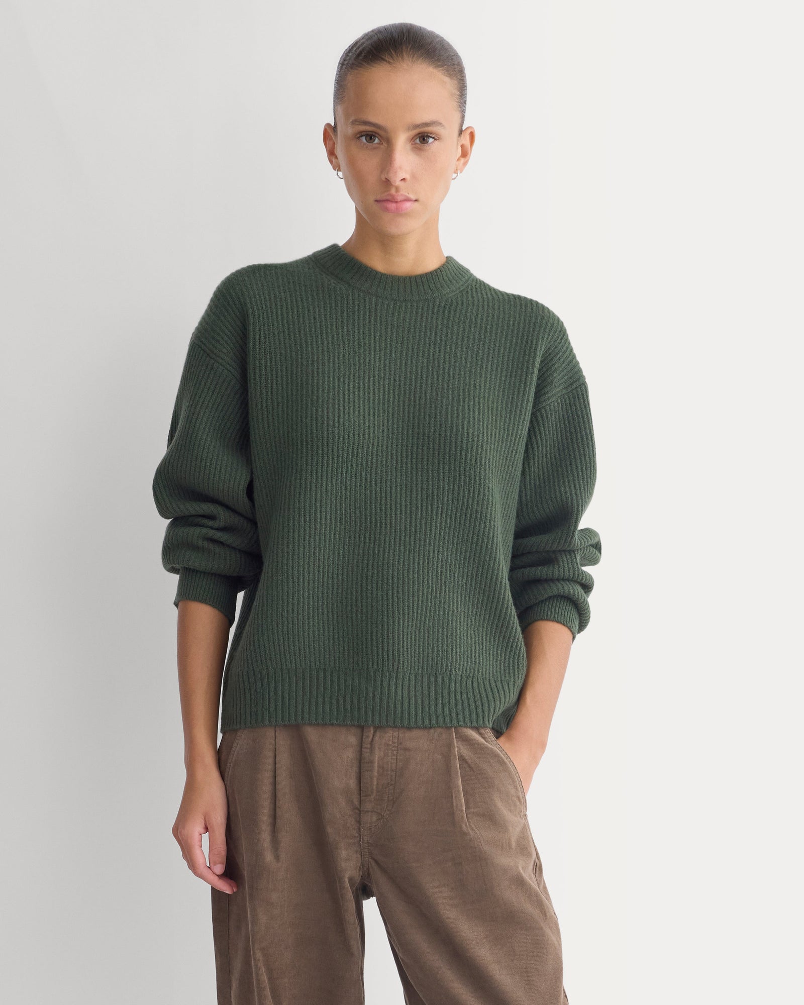 Cashmere Fisherman Crew in Dark Forest — front view