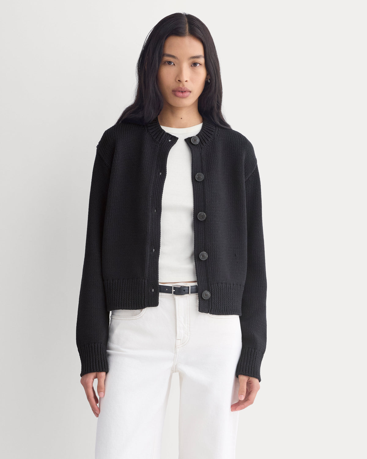 Open-Knit Cardigan Crew in Elevated Cotton in Black — front view