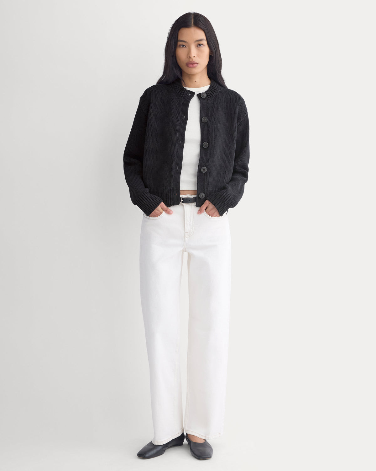 Open-Knit Cardigan Crew in Elevated Cotton in Black — detail view