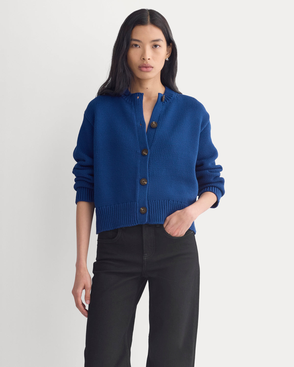 Open-Knit Cardigan Crew in Elevated Cotton in Estate Blue — front view