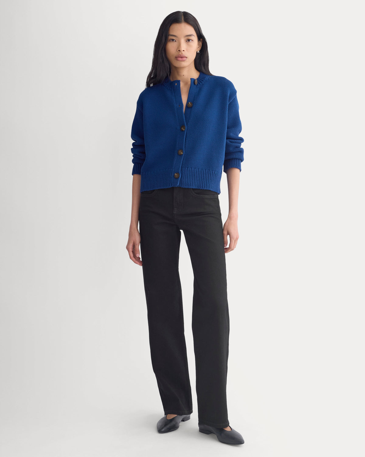 Open-Knit Cardigan Crew in Elevated Cotton in Estate Blue — detail view