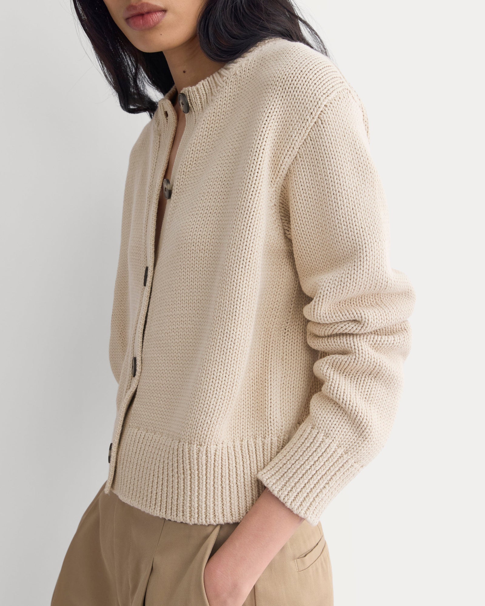 Open-Knit Cardigan Crew in Elevated Cotton in Peyote — detail view