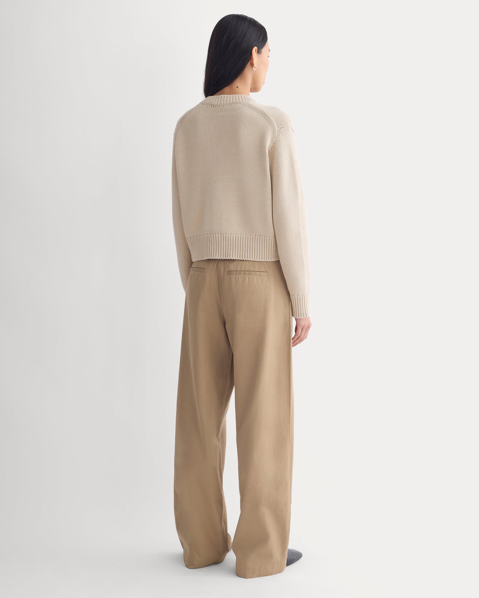 Open-Knit Cardigan Crew in Elevated Cotton in Peyote — detail view