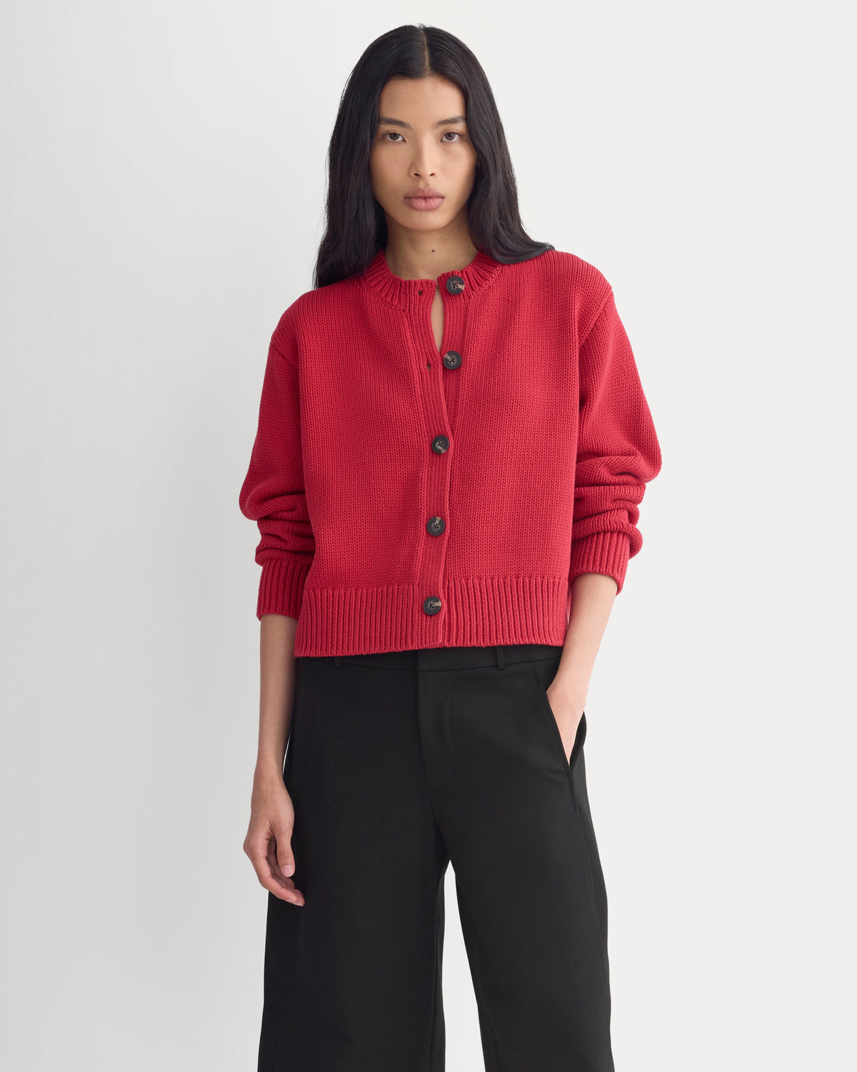 Open-Knit Cardigan Crew in Elevated Cotton in Vintage Red — front view