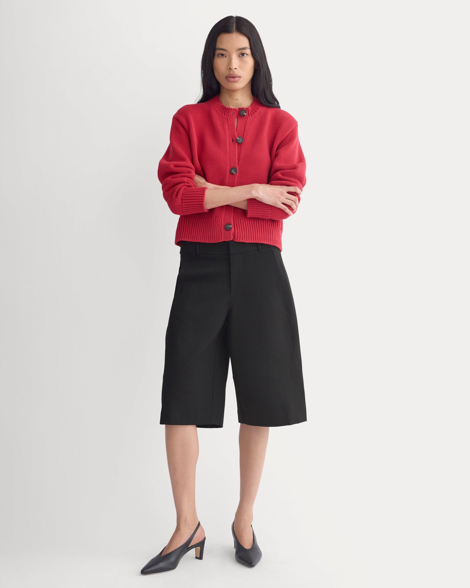 Open-Knit Cardigan Crew in Elevated Cotton in Vintage Red — detail view