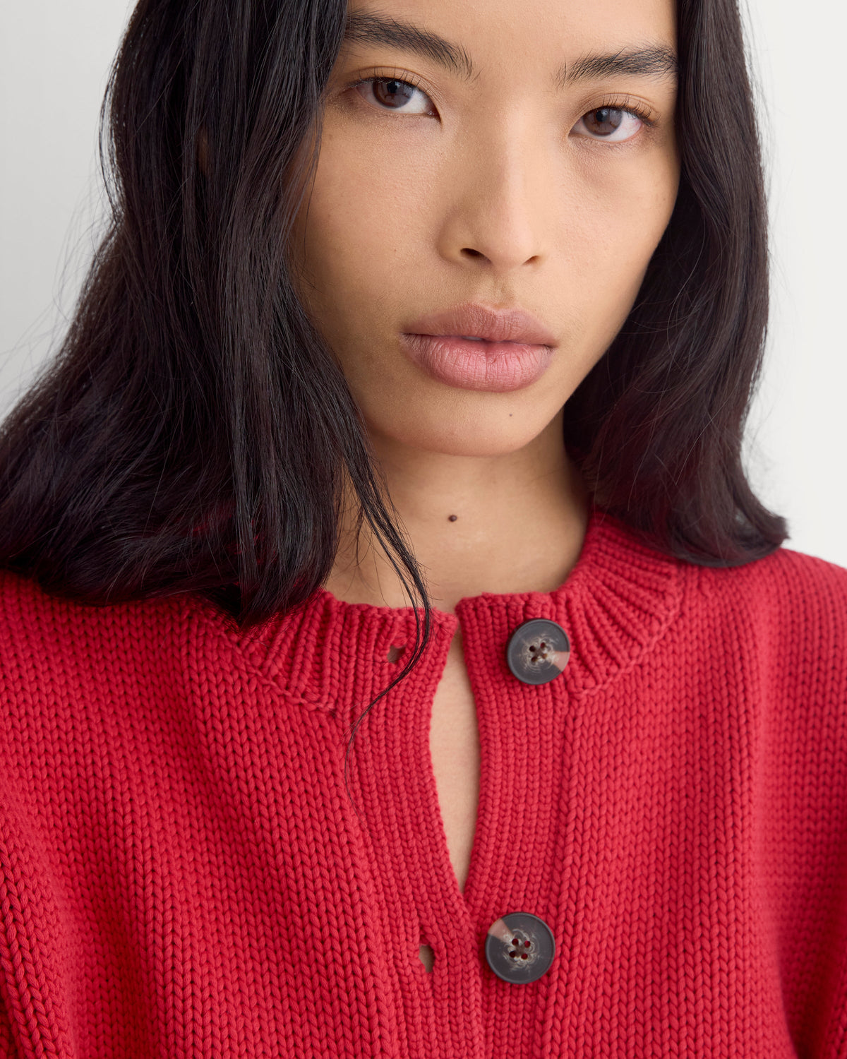 Open-Knit Cardigan Crew in Elevated Cotton in Vintage Red — detail view