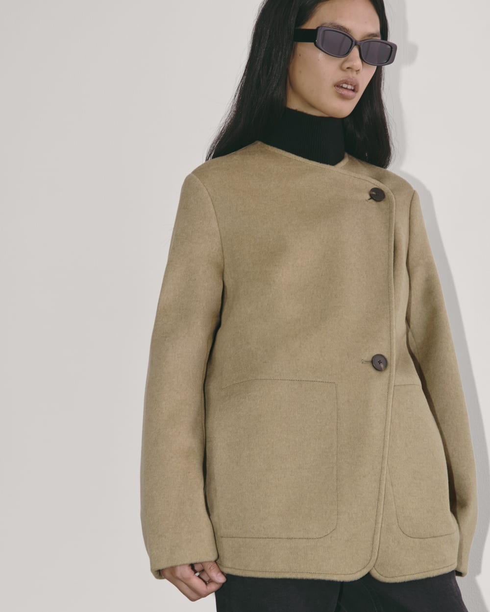 The October Coat in Dark Heathered Camel — detail view