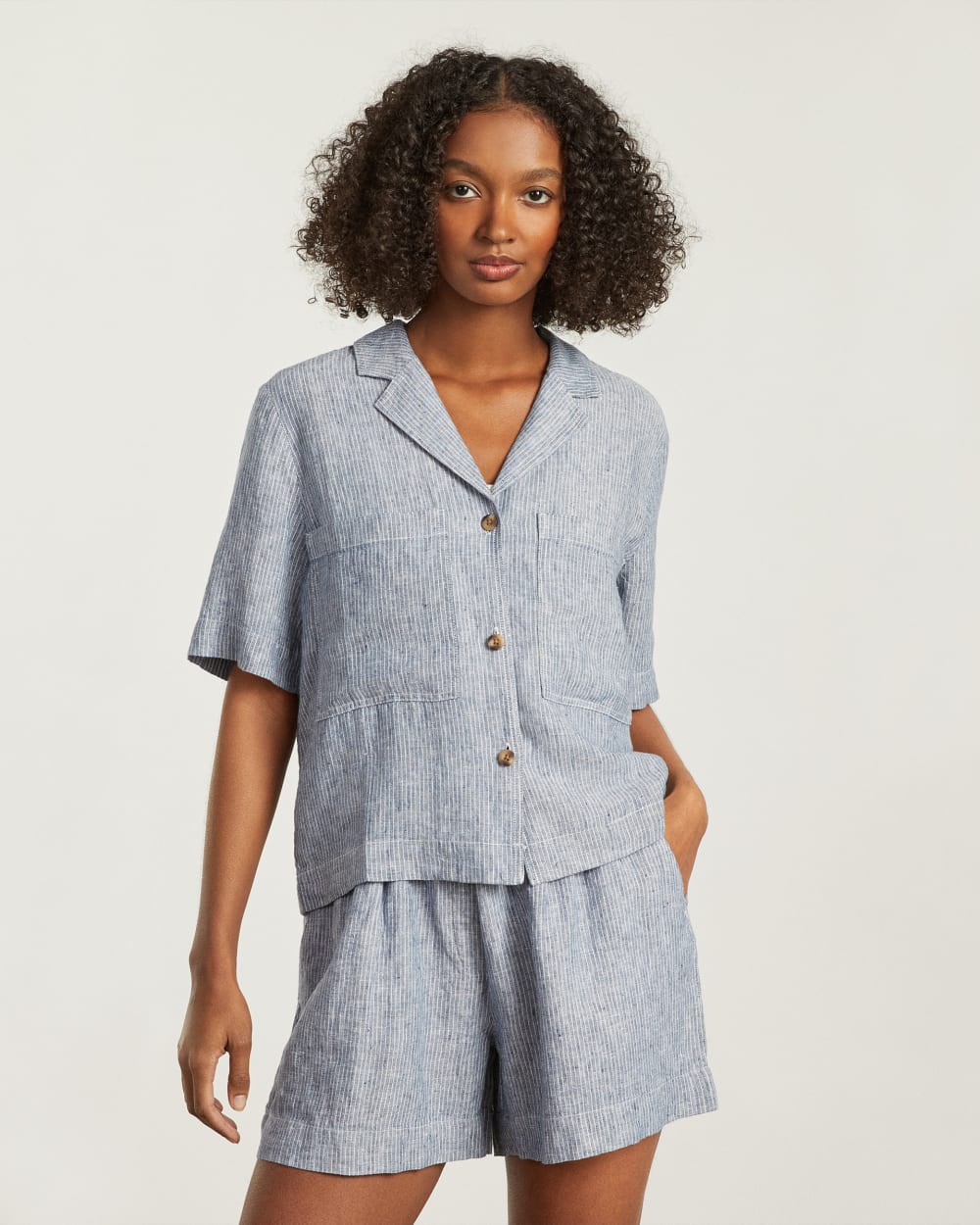The Linen Workwear Shirt in Blue Pinstripe — detail view