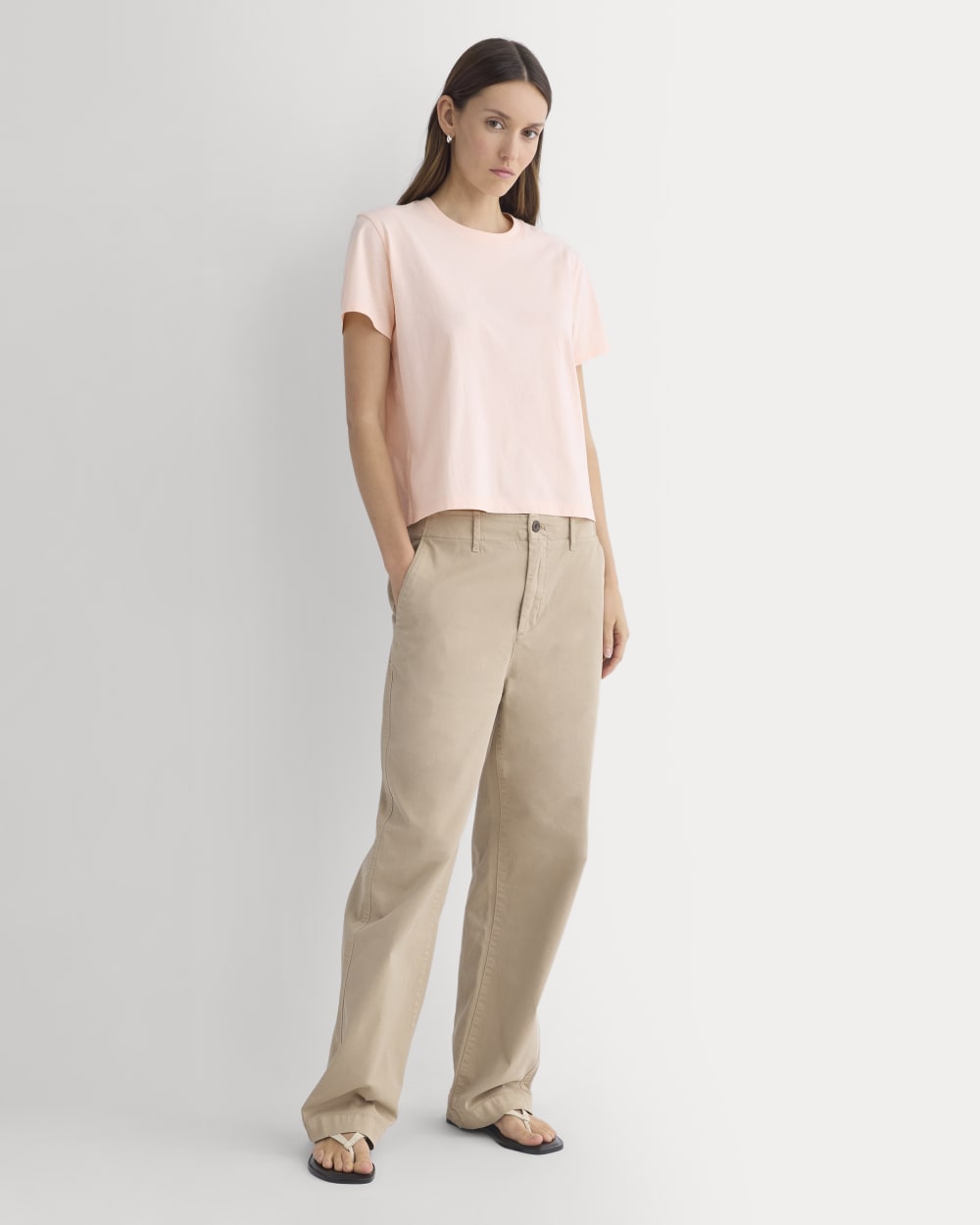 The Box-Cut Tee in Essential Cotton in Pale Peach — detail view