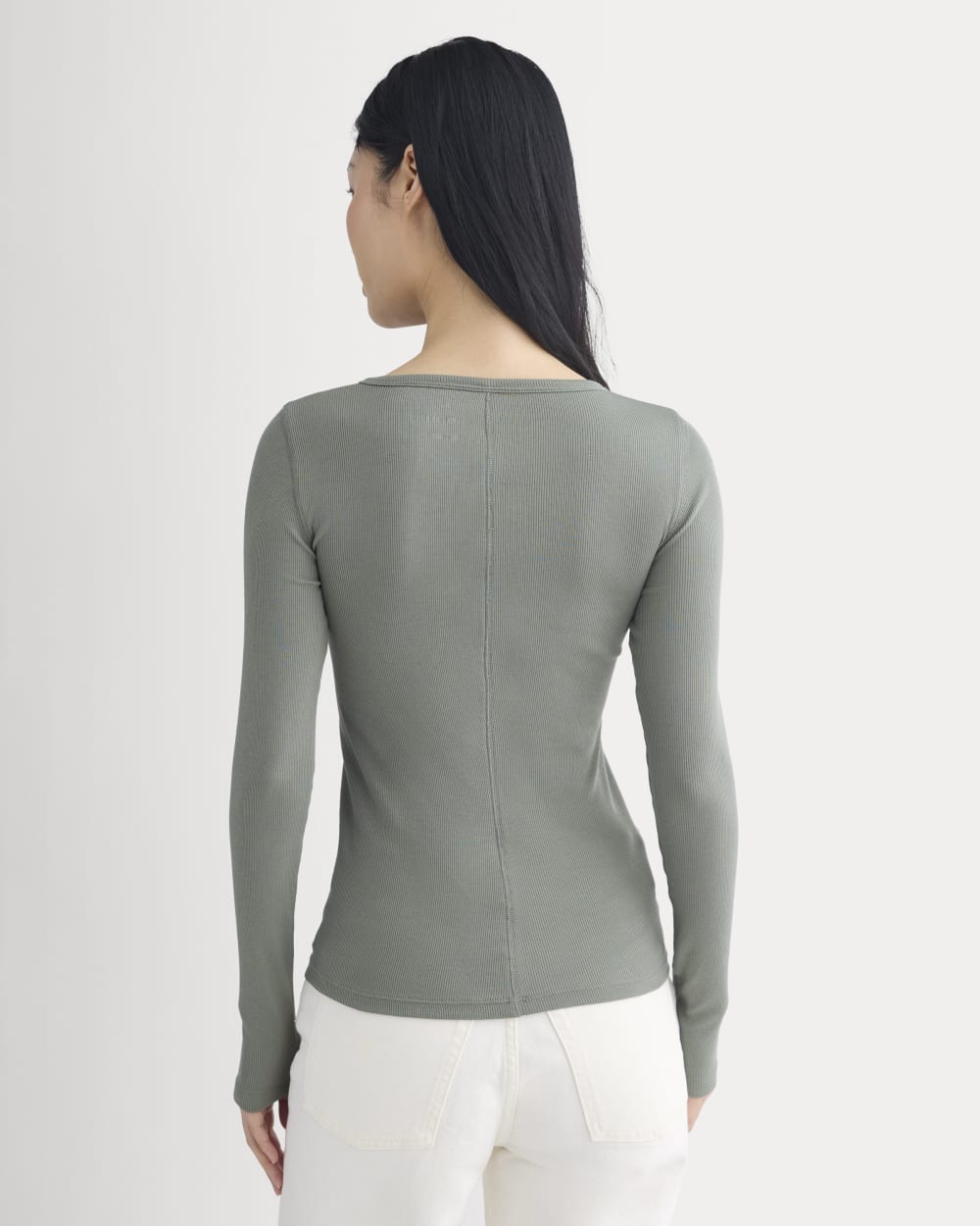 The Luxe Rib Long-Sleeve Crew in Agave Green — detail view