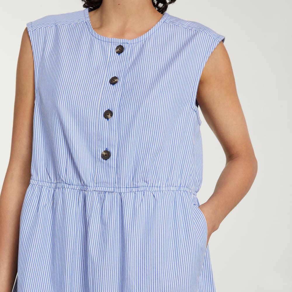 The Tiered Midi Dress in White / Blue Mini Stripe — detail view