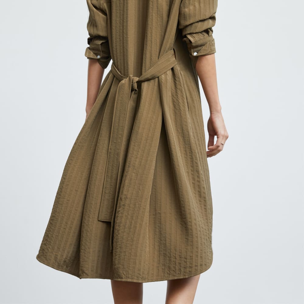 The City Stripe Draped Shirt Dress in Beech — detail view