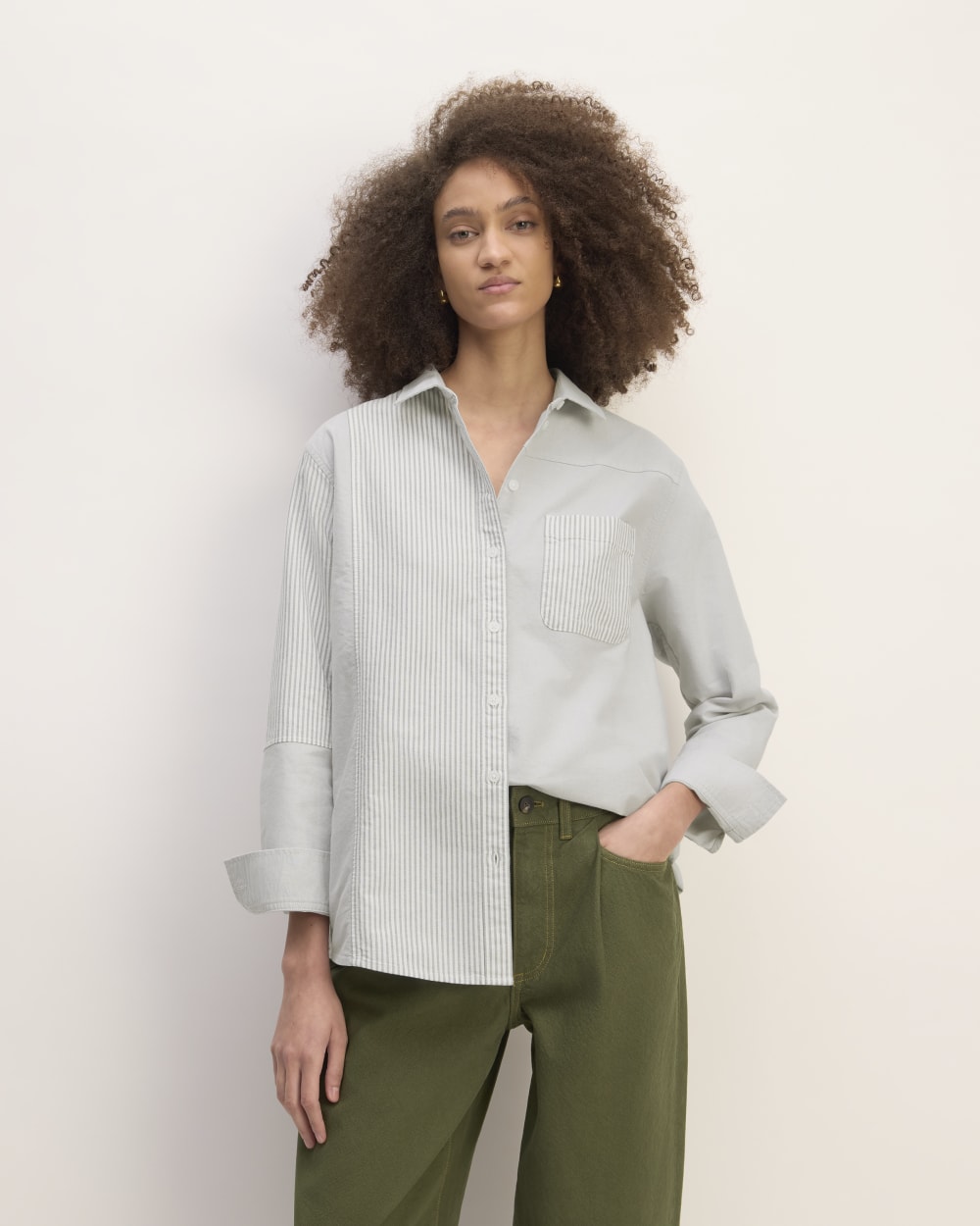 The Everlane x Marques' Almeida Patchwork Relaxed Shirt in Grey Stripe Patchwork — front view
