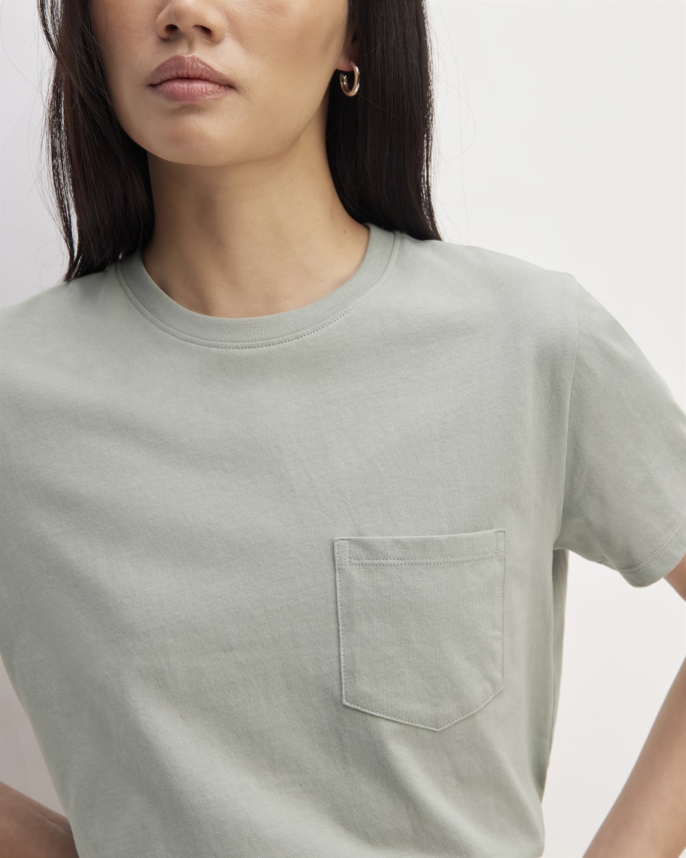 The Box-Cut Tee in Essential Cotton in Sage Green — detail view