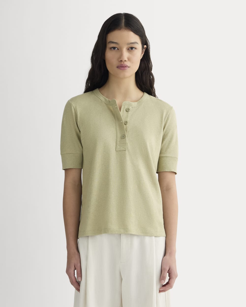 The Henley in Cotton Linen in Eucalyptus — front view