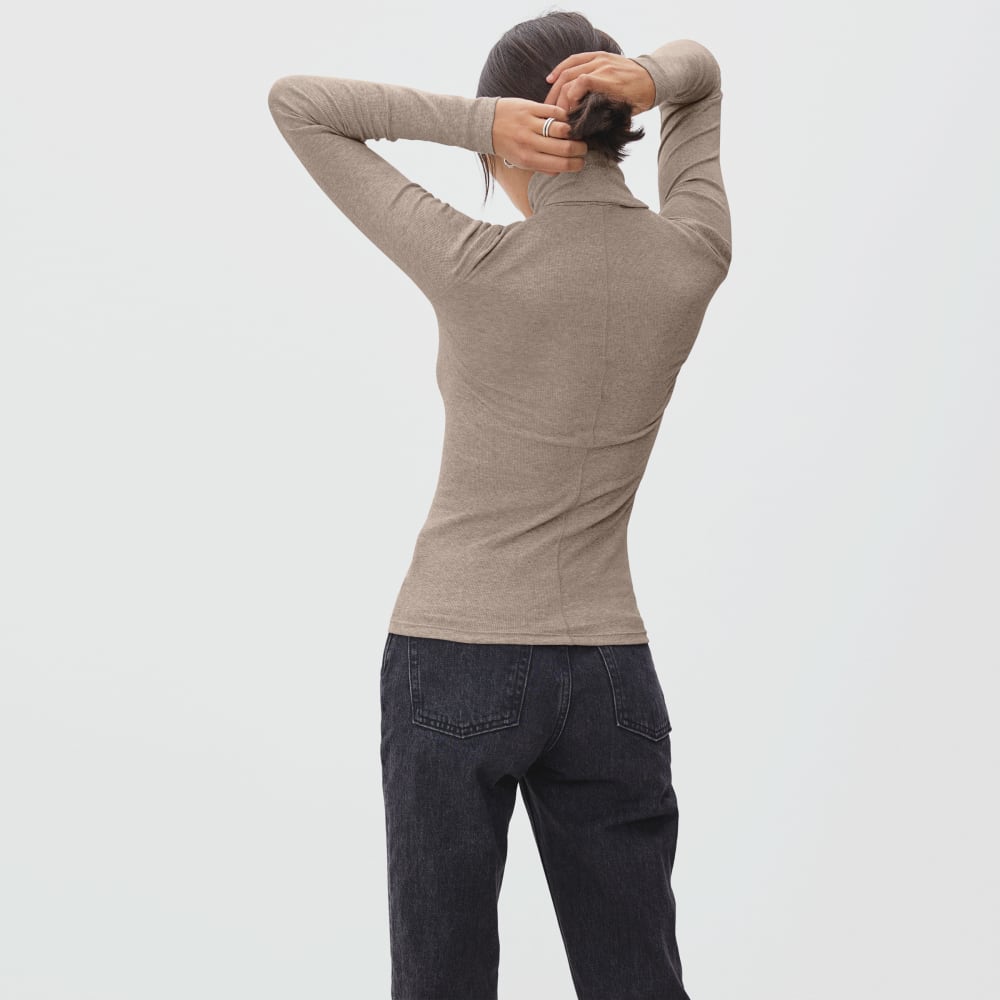 The Luxe Micro-Rib Turtleneck in Heathered Burnt Sugar — detail view