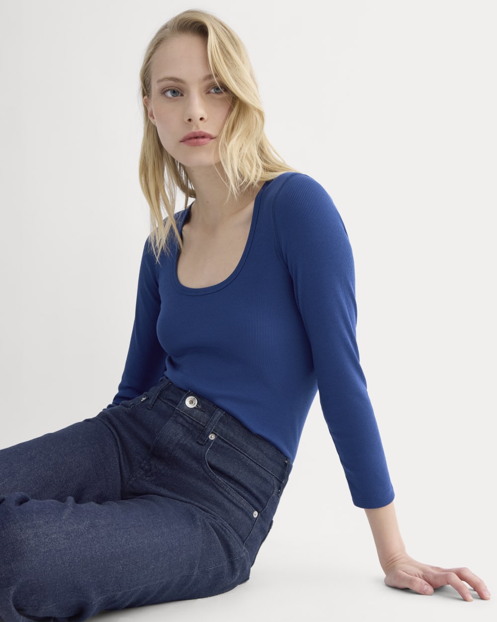 Luxe Rib Deep U-Neck Top in Estate Blue — front view