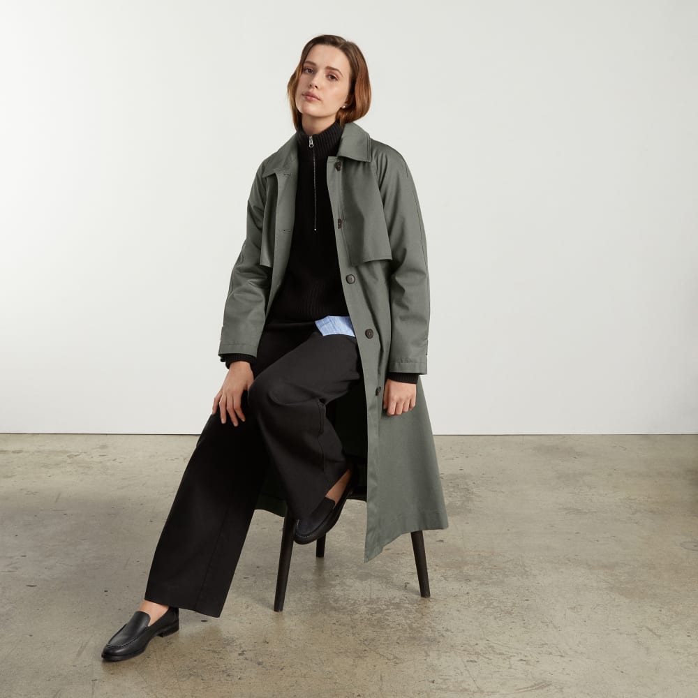 The Long Mac Coat in Pewter Green — detail view