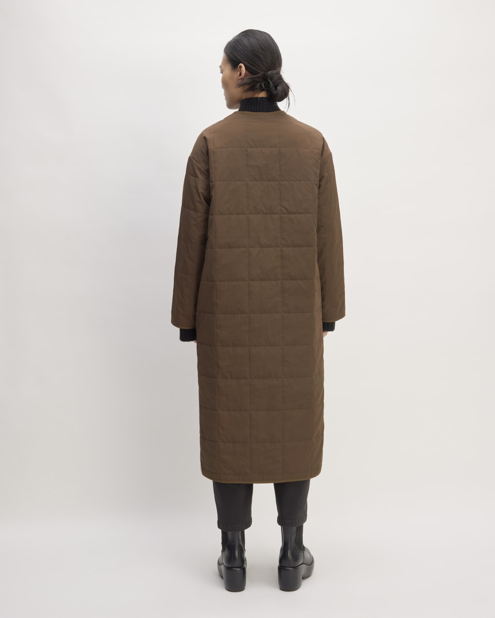 The ReNew Quilted Long Liner in Cocoa — detail view