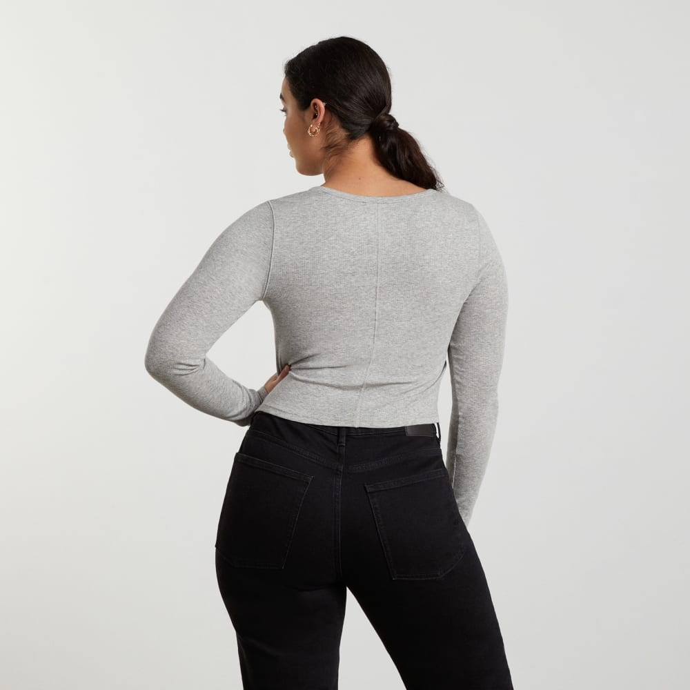 The Pima Micro-Rib Cropped Long-Sleeve Crew in Heathered Grey — detail view