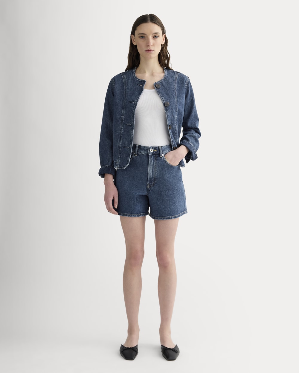 The A-Line Denim Short in Ocean — front view