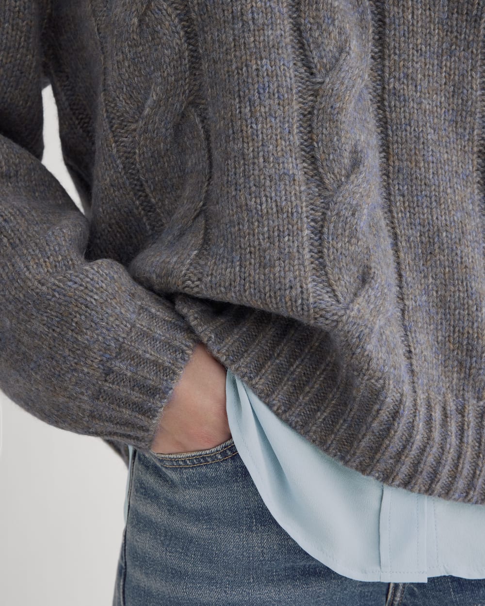 Cloud Cable V-Neck Sweater in Blue Multi Twist — detail view