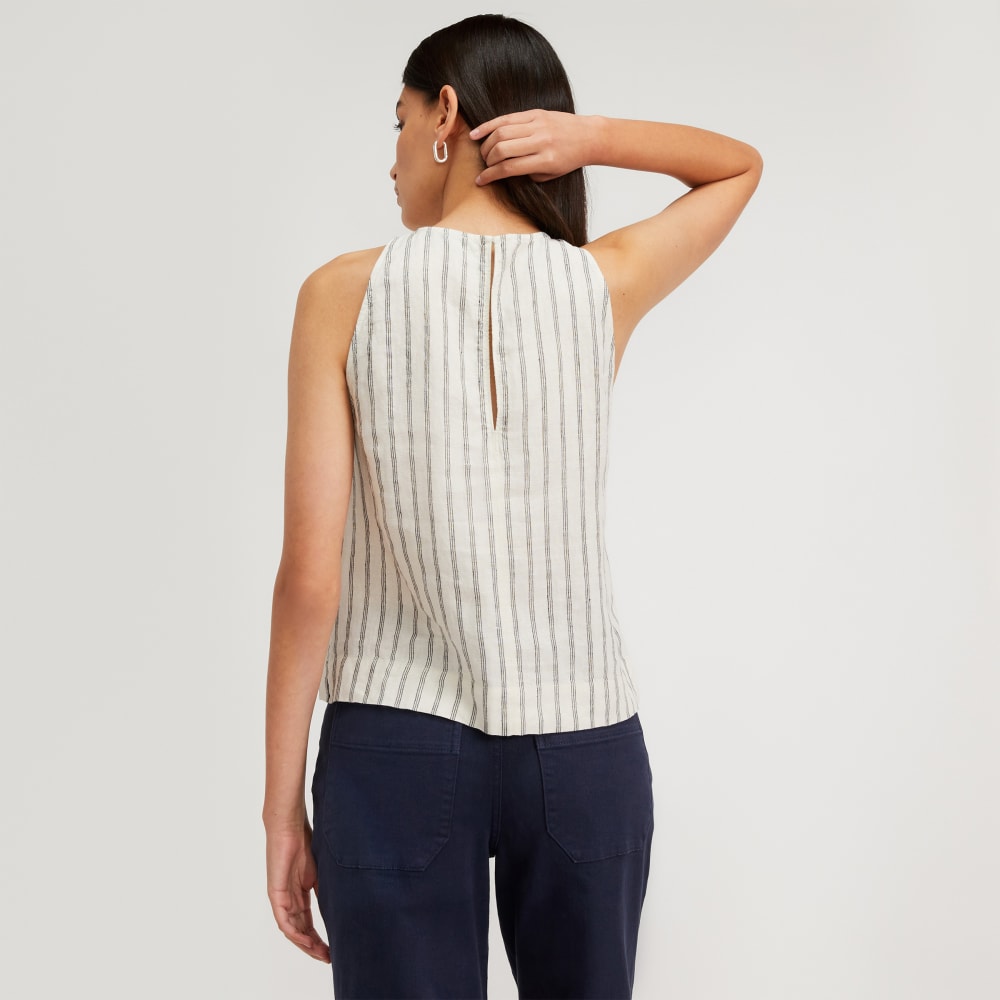 The Linen High-Neck Tank in Black / Canvas Tan — detail view