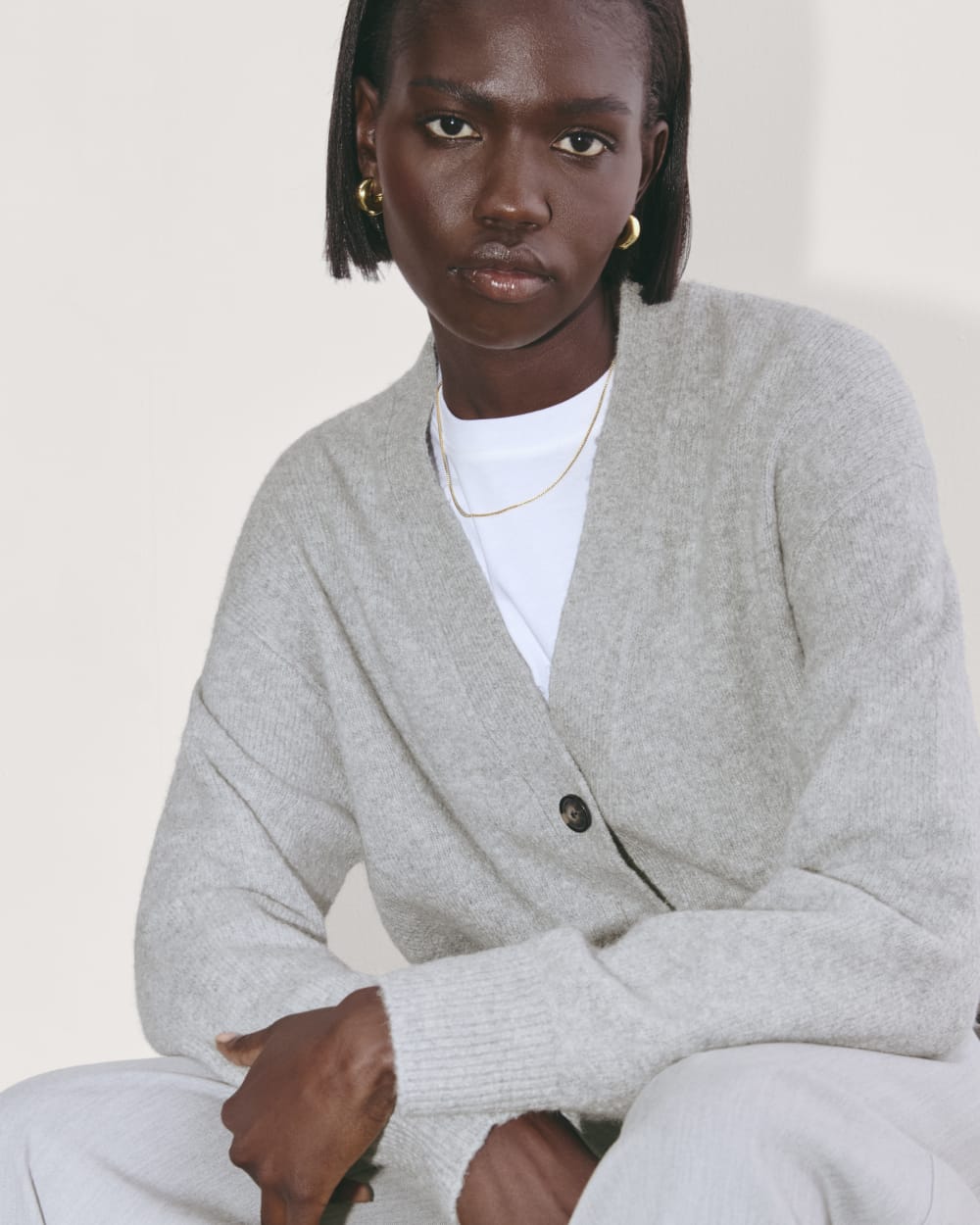 The Cocoon Cardigan in Plush Cotton in Heathered Grey — detail view