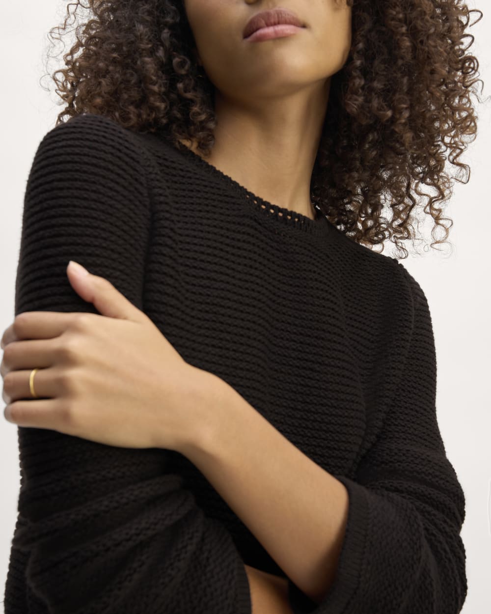 The Organic Cotton Open-Stitch Crew in Black — detail view